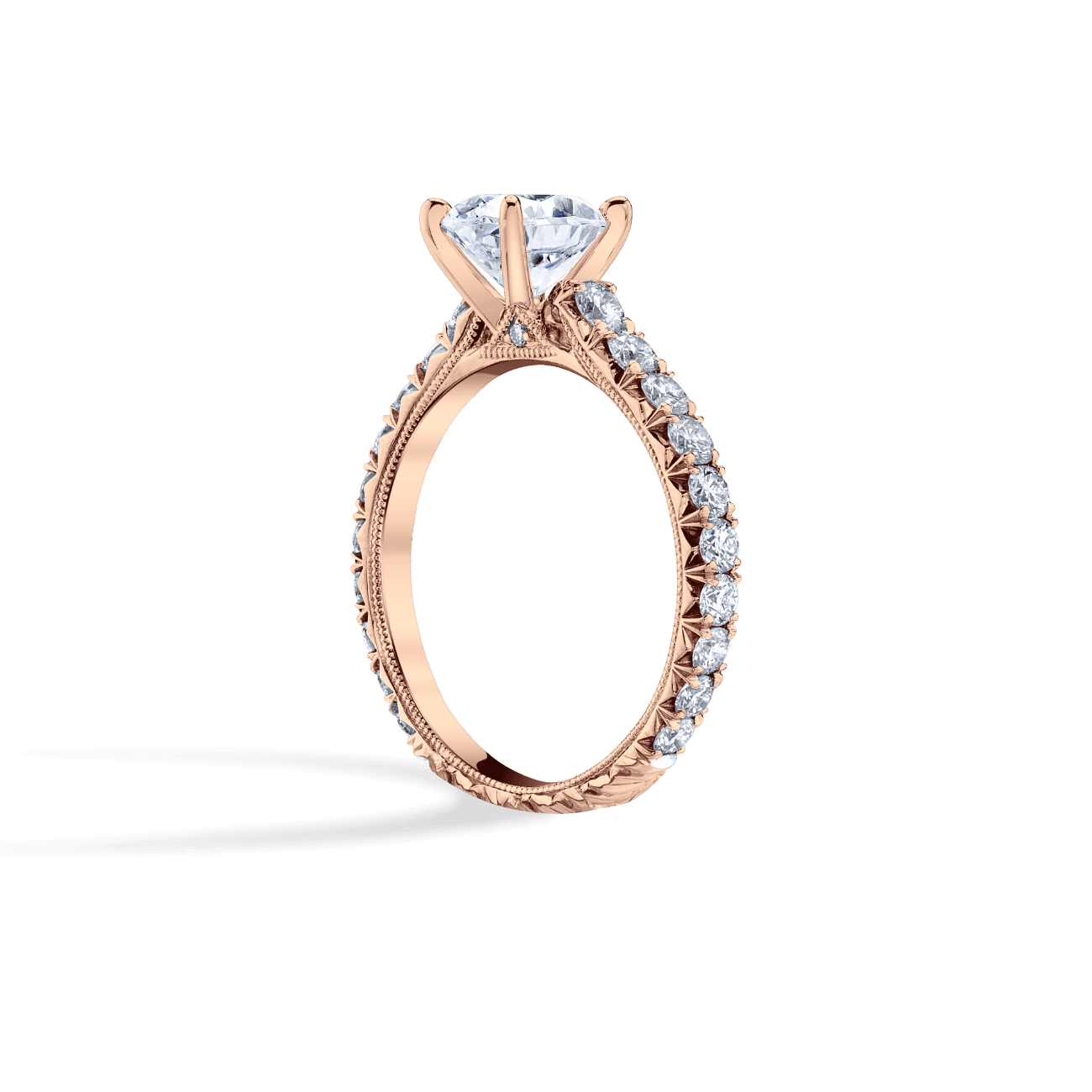 Oval Shape Luxe Scalloped Engagement Ring in 14K Rose Gold, with Natural Accent Diamonds