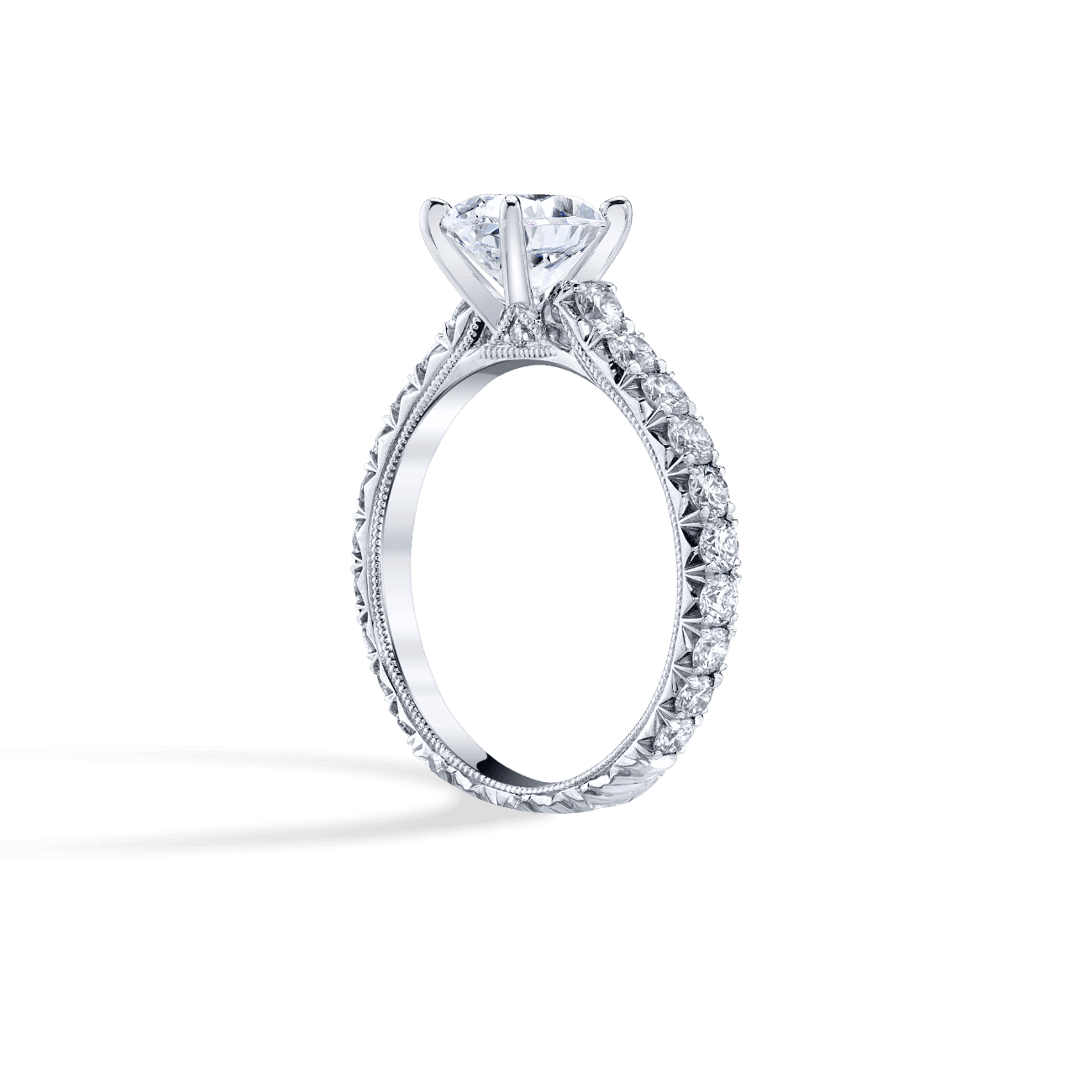 Round Shape Luxe Scalloped Engagement Ring in 14K White Gold, with Natural Accent Diamonds