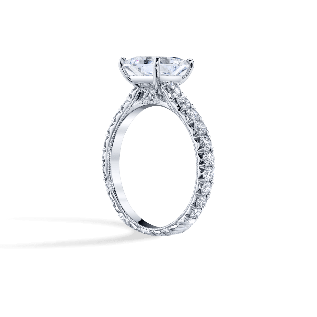Princess Shape Luxe Scalloped Engagement Ring in 14K White Gold, with Natural Accent Diamonds