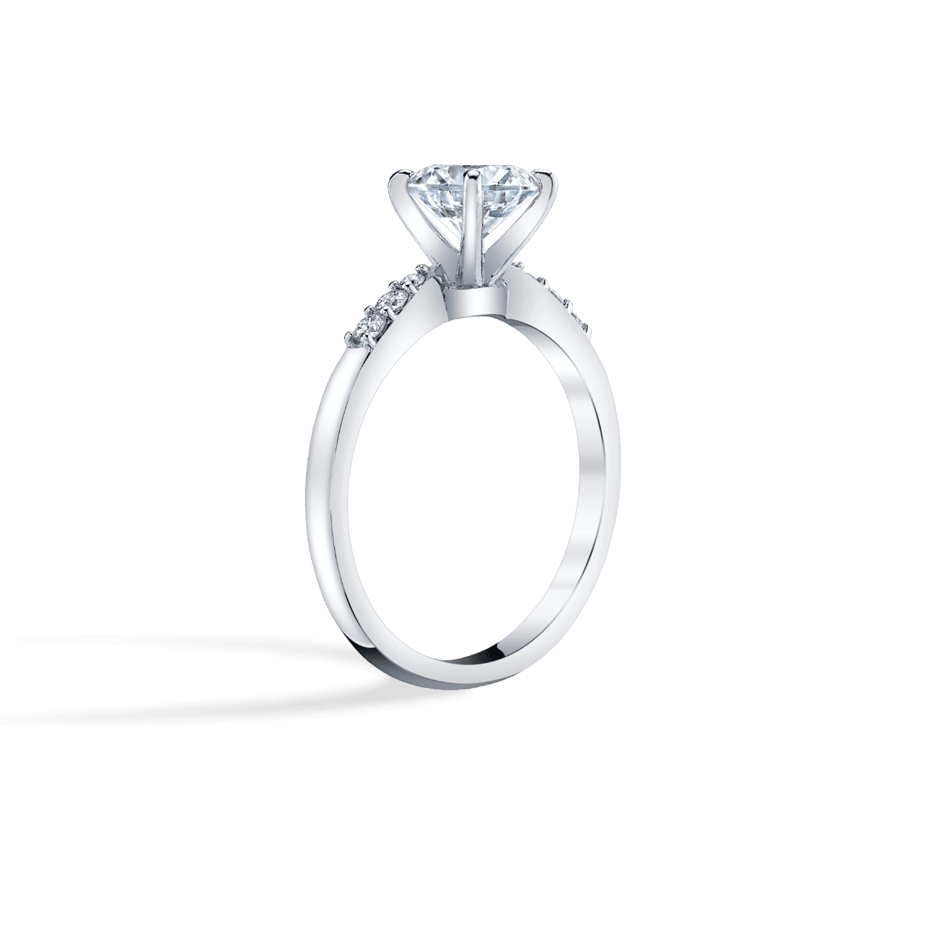 Round Shape Petite Tapered Engagement Ring in 14K White Gold, with Natural Accent Diamonds