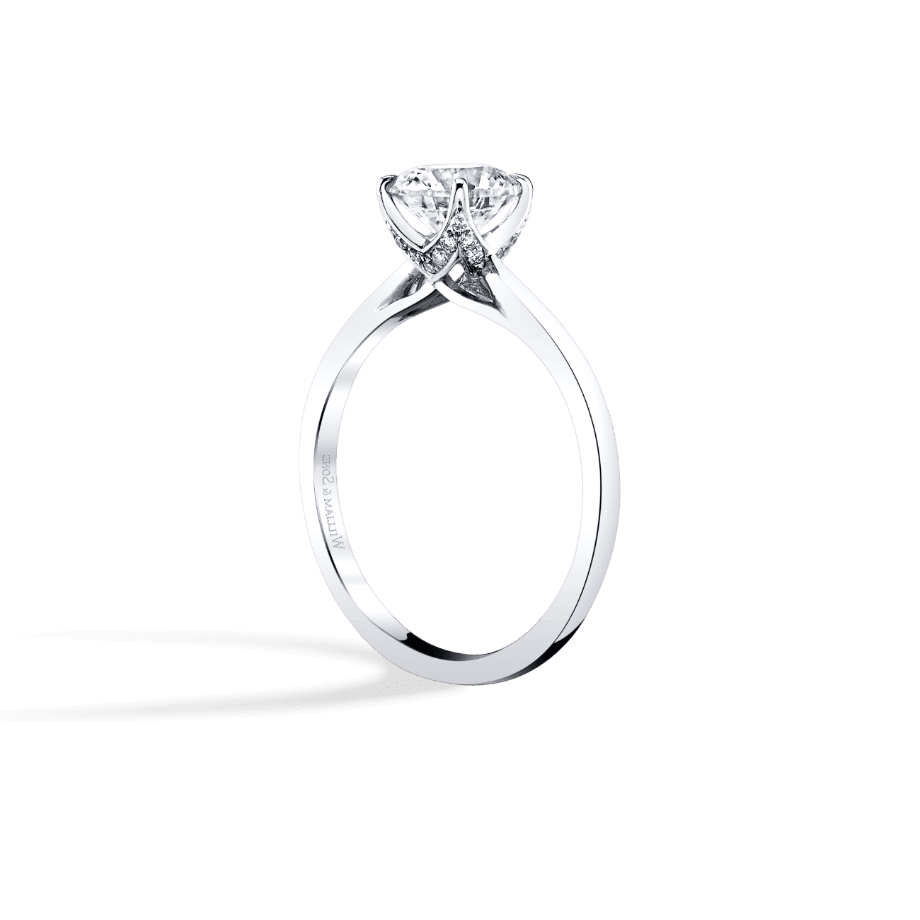 Round Shape Tulip Solitaire Engagement Ring in 14K White Gold, with Natural Accent Diamonds