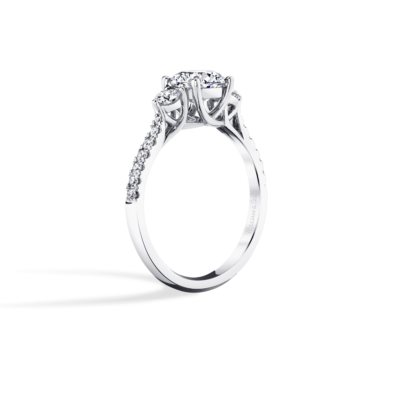 Round Shape Trelis Three Stone Engagement Ring
in 14K White Gold, with Natural Accent Diamonds