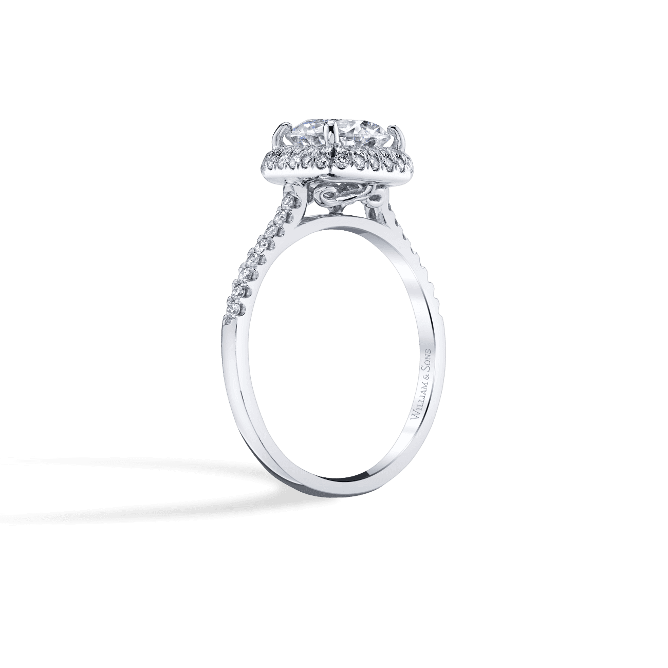 Round Shape Waterfall Halo Engagement Ring in 14K White Gold, with Natural Accent Diamonds