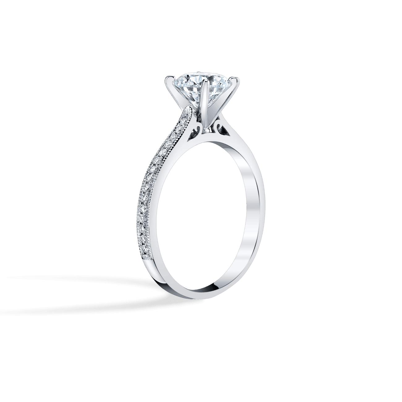 Round Shape Petite Inlaid Engagement Ring in 14K White Gold, with Natural Accent Diamonds