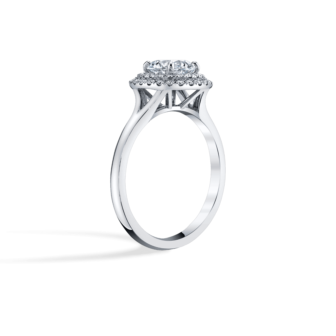 Round Shape Double Halo Engagement Ring in 14K White Gold, with Natural Accent Diamonds