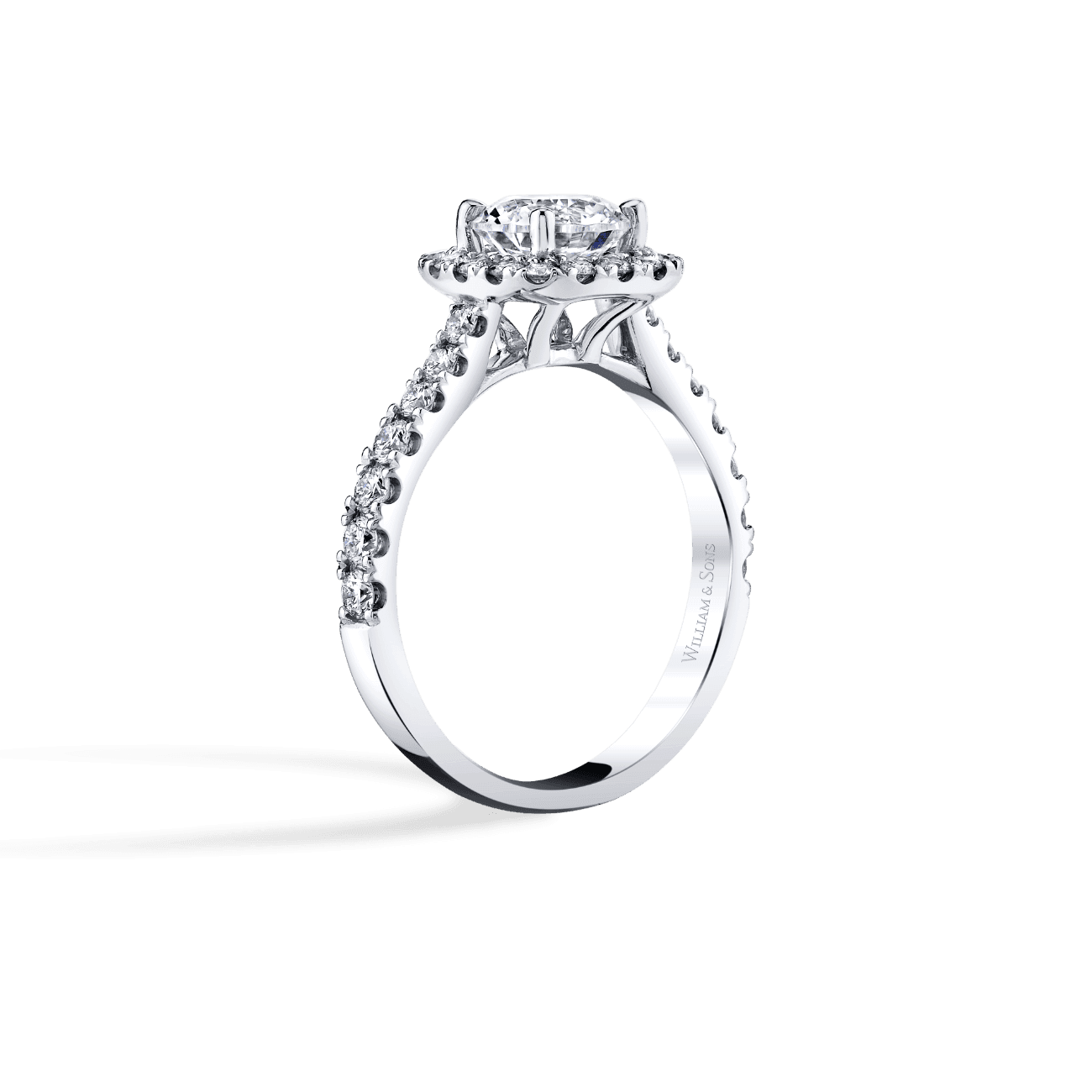Round Shape Pave Halo Engagement Ring in 14K White Gold, with Natural Accent Diamonds